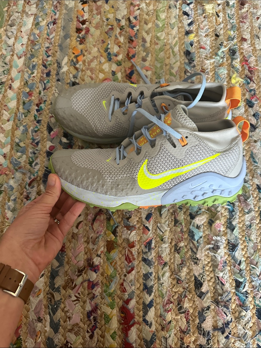 Nike Grey Trail Runners with Neon Yellow Swoosh and Light Blue Laces
